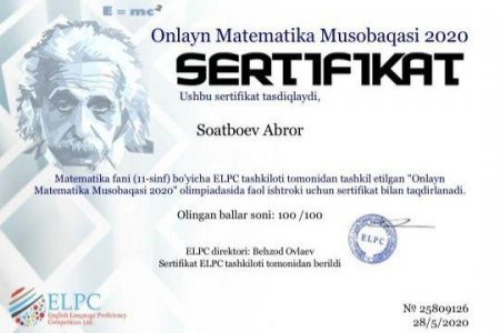 Tumanimiz oʻquvchilari onlayn olimpiyadalarda sertifikatlarn